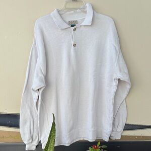L.L. Bean White Knit Polo Sweatshirt with Button Placket